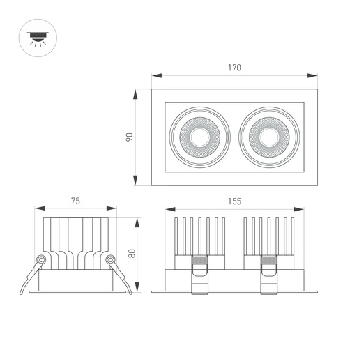 Светильник MS-VORTEX-BUILT-S170x90-2x12W Warm3000 (WH-WH, 20 deg, 230V) (Arlight, IP20 Металл, 5 лет)