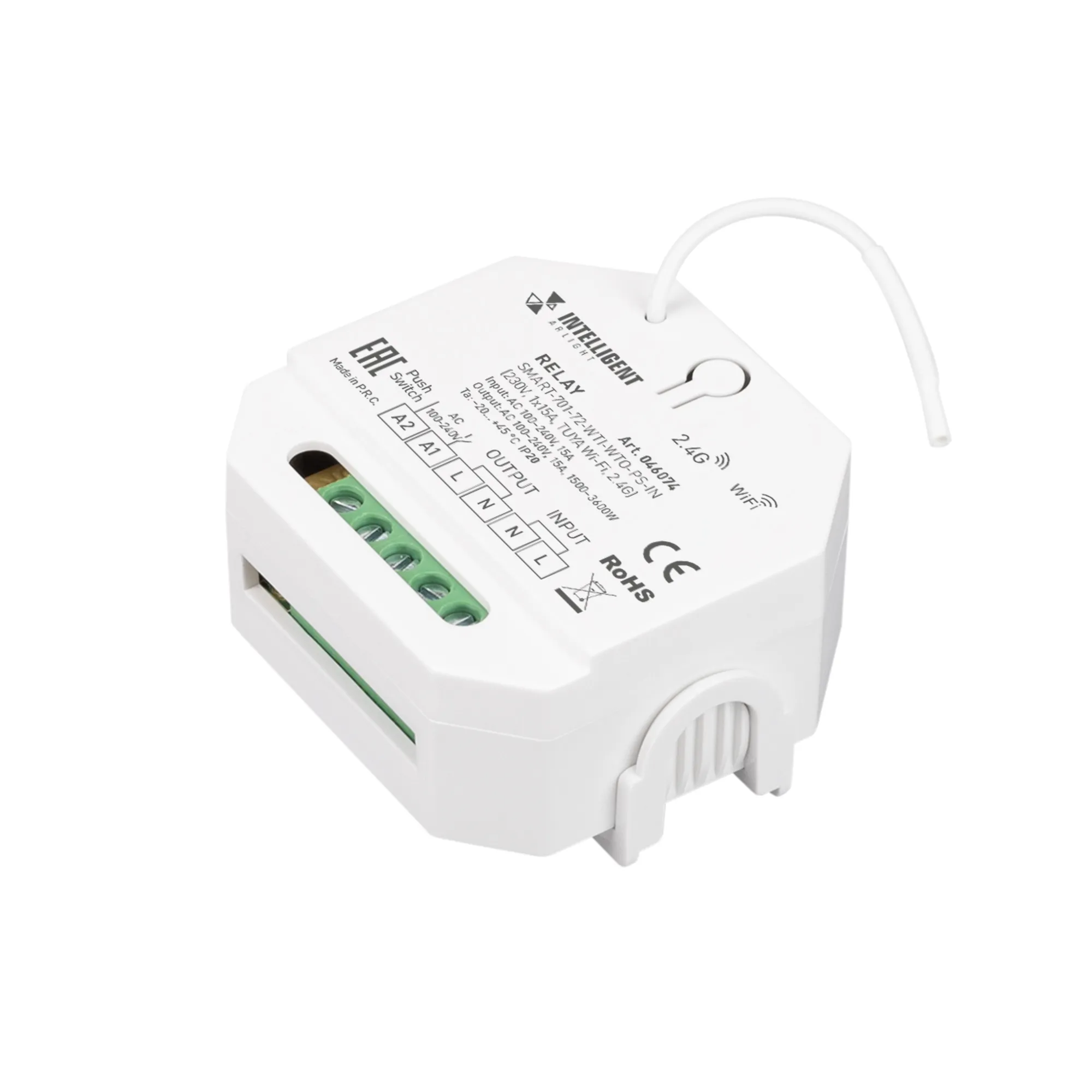 INTELLIGENT ARLIGHT Релейный модуль SMART-701-72-WTI-WTO-PS-IN  (230V, 1x15A, TUYA Wi-Fi, 2.4G) (IARL, IP20 Пластик, 5 лет) - изображение товара